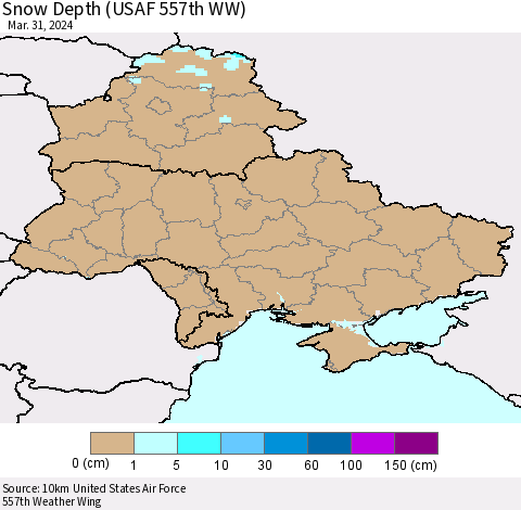 Ukraine, Moldova and Belarus Snow Depth (USAF 557th WW) Thematic Map For 3/25/2024 - 3/31/2024