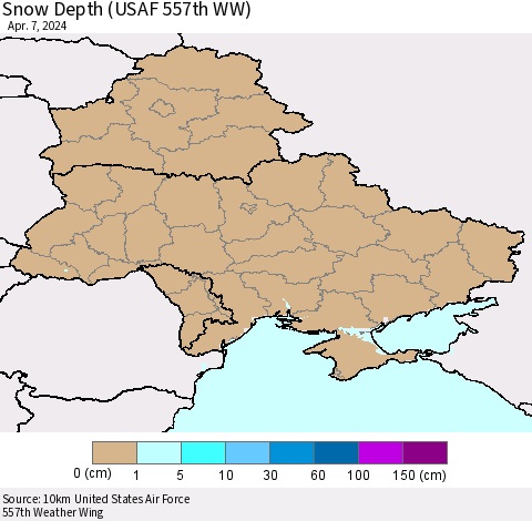 Ukraine, Moldova and Belarus Snow Depth (USAF 557th WW) Thematic Map For 4/1/2024 - 4/7/2024