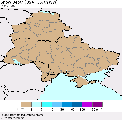 Ukraine, Moldova and Belarus Snow Depth (USAF 557th WW) Thematic Map For 4/15/2024 - 4/21/2024