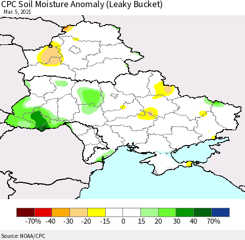 Ukraine, Moldova and Belarus CPC Soil Moisture Anomaly (Leaky Bucket) Thematic Map For 3/1/2021 - 3/5/2021