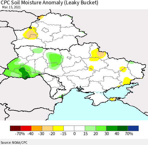 Ukraine, Moldova and Belarus CPC Soil Moisture Anomaly (Leaky Bucket) Thematic Map For 3/11/2021 - 3/15/2021