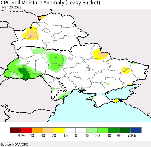 Ukraine, Moldova and Belarus CPC Soil Moisture Anomaly (Leaky Bucket) Thematic Map For 3/16/2021 - 3/20/2021
