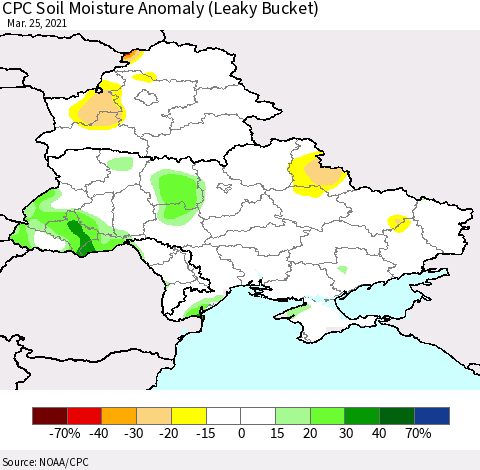 Ukraine, Moldova and Belarus CPC Soil Moisture Anomaly (Leaky Bucket) Thematic Map For 3/21/2021 - 3/25/2021