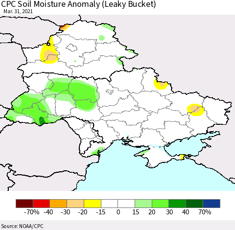 Ukraine, Moldova and Belarus CPC Soil Moisture Anomaly (Leaky Bucket) Thematic Map For 3/26/2021 - 3/31/2021