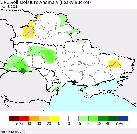 Ukraine, Moldova and Belarus CPC Soil Moisture Anomaly (Leaky Bucket) Thematic Map For 4/1/2021 - 4/5/2021