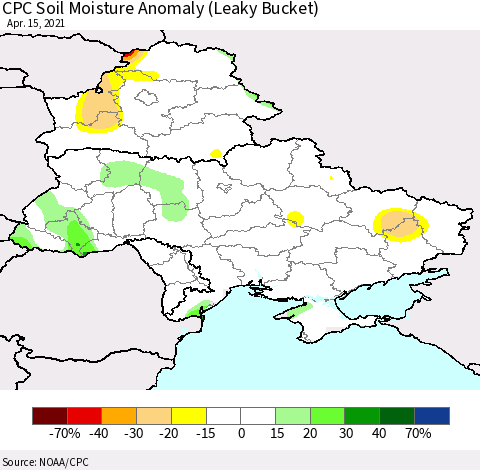 Ukraine, Moldova and Belarus CPC Soil Moisture Anomaly (Leaky Bucket) Thematic Map For 4/11/2021 - 4/15/2021