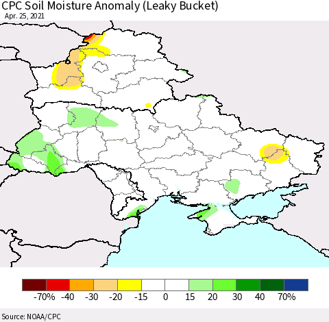 Ukraine, Moldova and Belarus CPC Soil Moisture Anomaly (Leaky Bucket) Thematic Map For 4/21/2021 - 4/25/2021