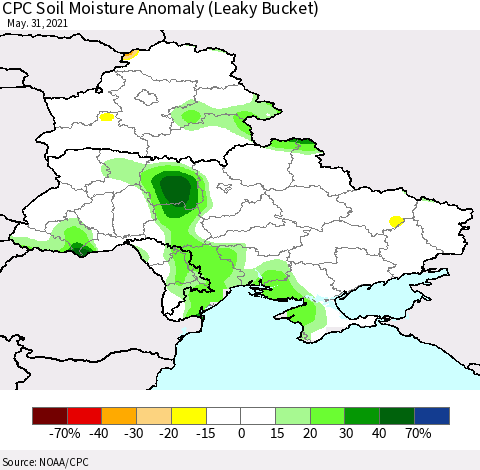 Ukraine, Moldova and Belarus CPC Soil Moisture Anomaly (Leaky Bucket) Thematic Map For 5/26/2021 - 5/31/2021