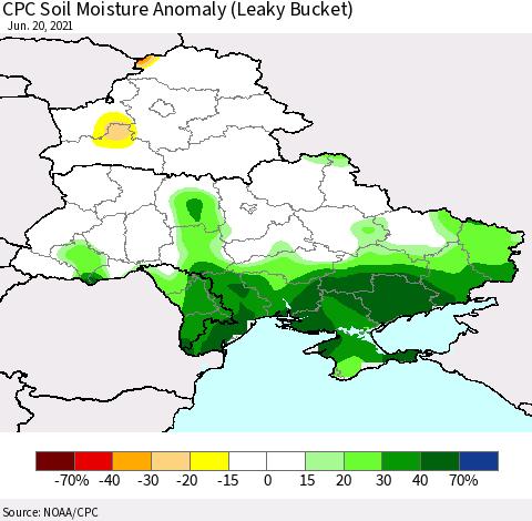 Ukraine, Moldova and Belarus CPC Soil Moisture Anomaly (Leaky Bucket) Thematic Map For 6/16/2021 - 6/20/2021