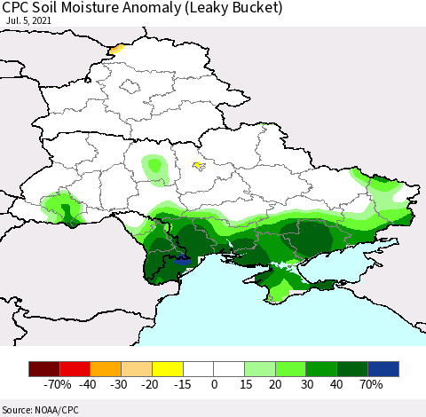 Ukraine, Moldova and Belarus CPC Soil Moisture Anomaly (Leaky Bucket) Thematic Map For 7/1/2021 - 7/5/2021