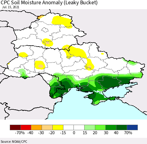 Ukraine, Moldova and Belarus CPC Soil Moisture Anomaly (Leaky Bucket) Thematic Map For 7/11/2021 - 7/15/2021