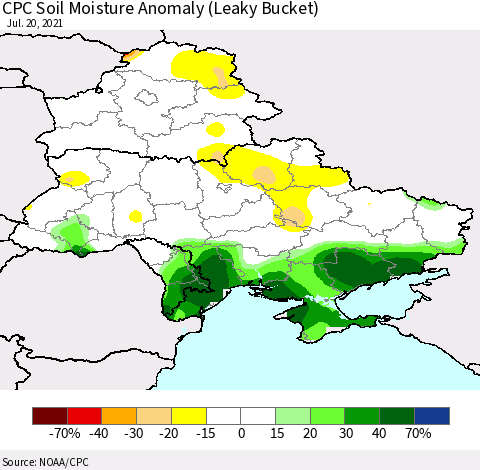 Ukraine, Moldova and Belarus CPC Soil Moisture Anomaly (Leaky Bucket) Thematic Map For 7/16/2021 - 7/20/2021