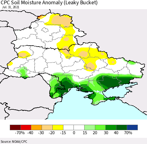 Ukraine, Moldova and Belarus CPC Soil Moisture Anomaly (Leaky Bucket) Thematic Map For 7/26/2021 - 7/31/2021