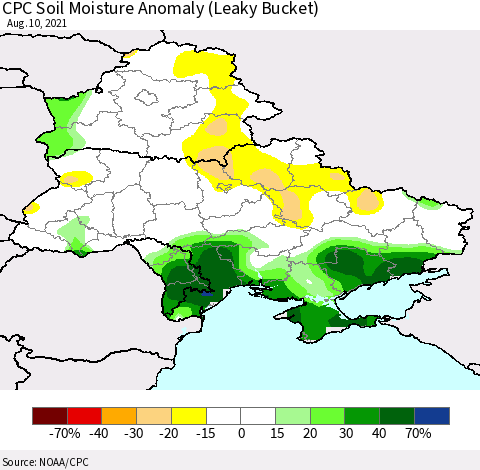 Ukraine, Moldova and Belarus CPC Soil Moisture Anomaly (Leaky Bucket) Thematic Map For 8/6/2021 - 8/10/2021