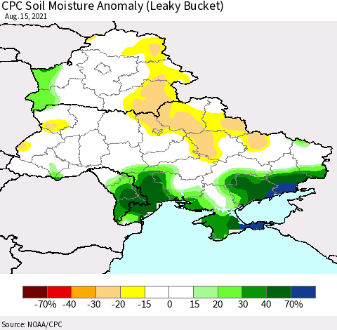 Ukraine, Moldova and Belarus CPC Soil Moisture Anomaly (Leaky Bucket) Thematic Map For 8/11/2021 - 8/15/2021