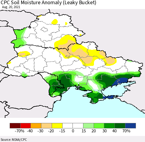 Ukraine, Moldova and Belarus CPC Soil Moisture Anomaly (Leaky Bucket) Thematic Map For 8/16/2021 - 8/20/2021