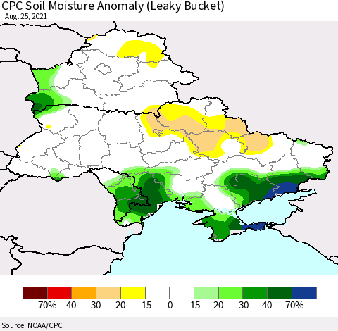 Ukraine, Moldova and Belarus CPC Soil Moisture Anomaly (Leaky Bucket) Thematic Map For 8/21/2021 - 8/25/2021