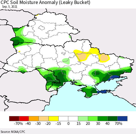 Ukraine, Moldova and Belarus CPC Soil Moisture Anomaly (Leaky Bucket) Thematic Map For 9/1/2021 - 9/5/2021