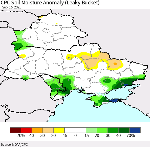 Ukraine, Moldova and Belarus CPC Soil Moisture Anomaly (Leaky Bucket) Thematic Map For 9/11/2021 - 9/15/2021