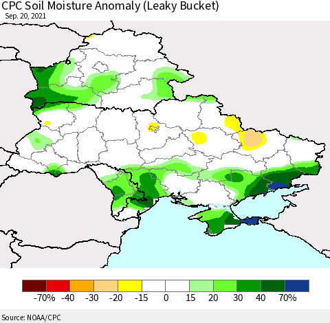 Ukraine, Moldova and Belarus CPC Soil Moisture Anomaly (Leaky Bucket) Thematic Map For 9/16/2021 - 9/20/2021