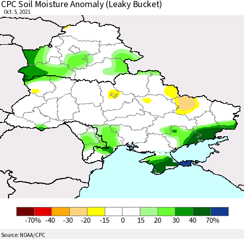 Ukraine, Moldova and Belarus CPC Soil Moisture Anomaly (Leaky Bucket) Thematic Map For 10/1/2021 - 10/5/2021