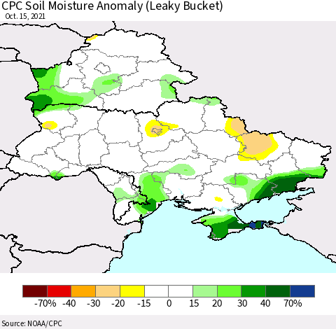 Ukraine, Moldova and Belarus CPC Soil Moisture Anomaly (Leaky Bucket) Thematic Map For 10/11/2021 - 10/15/2021