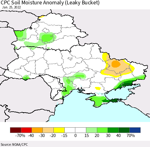 Ukraine, Moldova and Belarus CPC Soil Moisture Anomaly (Leaky Bucket) Thematic Map For 1/21/2022 - 1/25/2022