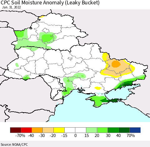 Ukraine, Moldova and Belarus CPC Soil Moisture Anomaly (Leaky Bucket) Thematic Map For 1/26/2022 - 1/31/2022