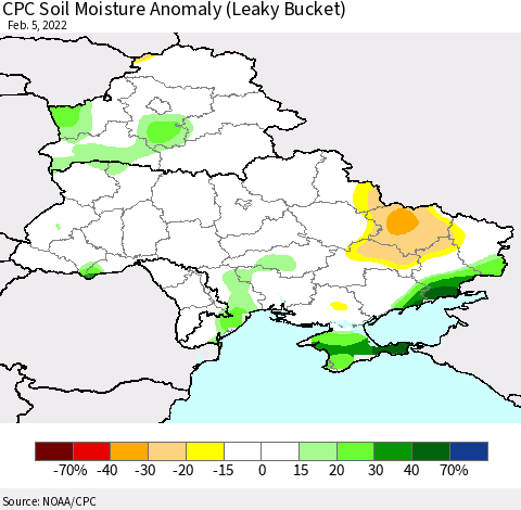 Ukraine, Moldova and Belarus CPC Soil Moisture Anomaly (Leaky Bucket) Thematic Map For 2/1/2022 - 2/5/2022