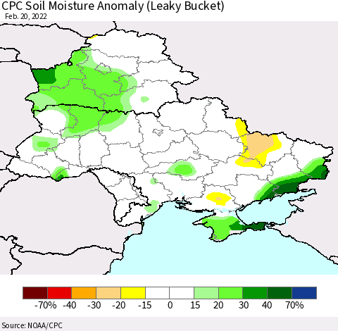 Ukraine, Moldova and Belarus CPC Soil Moisture Anomaly (Leaky Bucket) Thematic Map For 2/16/2022 - 2/20/2022