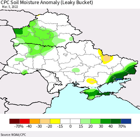 Ukraine, Moldova and Belarus CPC Soil Moisture Anomaly (Leaky Bucket) Thematic Map For 3/1/2022 - 3/5/2022