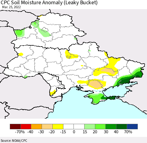 Ukraine, Moldova and Belarus CPC Soil Moisture Anomaly (Leaky Bucket) Thematic Map For 3/21/2022 - 3/25/2022