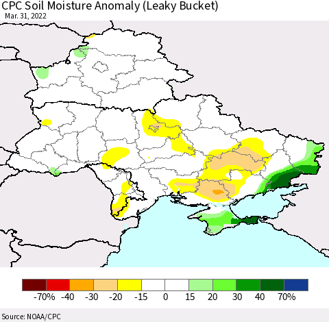 Ukraine, Moldova and Belarus CPC Soil Moisture Anomaly (Leaky Bucket) Thematic Map For 3/26/2022 - 3/31/2022