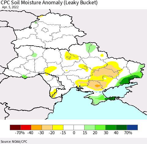 Ukraine, Moldova and Belarus CPC Soil Moisture Anomaly (Leaky Bucket) Thematic Map For 4/1/2022 - 4/5/2022