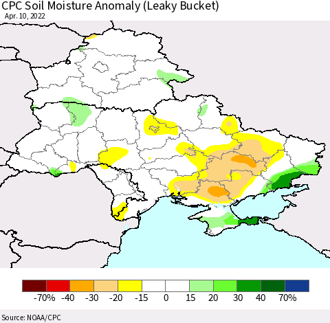 Ukraine, Moldova and Belarus CPC Soil Moisture Anomaly (Leaky Bucket) Thematic Map For 4/6/2022 - 4/10/2022