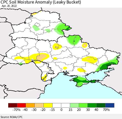 Ukraine, Moldova and Belarus CPC Soil Moisture Anomaly (Leaky Bucket) Thematic Map For 4/16/2022 - 4/20/2022