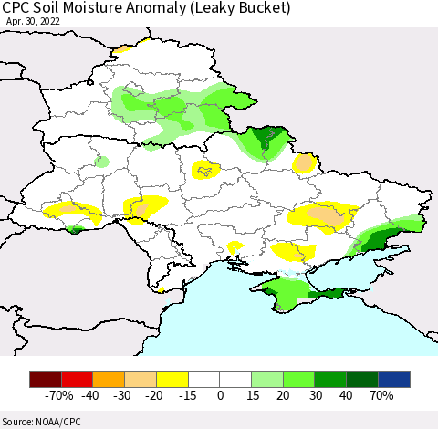 Ukraine, Moldova and Belarus CPC Soil Moisture Anomaly (Leaky Bucket) Thematic Map For 4/26/2022 - 4/30/2022
