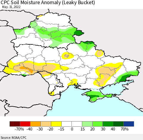 Ukraine, Moldova and Belarus CPC Soil Moisture Anomaly (Leaky Bucket) Thematic Map For 5/26/2022 - 5/31/2022