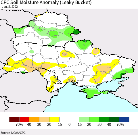 Ukraine, Moldova and Belarus CPC Soil Moisture Anomaly (Leaky Bucket) Thematic Map For 6/1/2022 - 6/5/2022