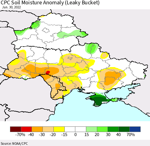 Ukraine, Moldova and Belarus CPC Soil Moisture Anomaly (Leaky Bucket) Thematic Map For 6/26/2022 - 6/30/2022