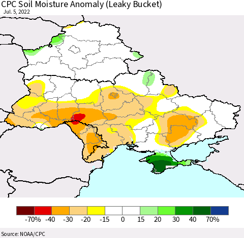 Ukraine, Moldova and Belarus CPC Soil Moisture Anomaly (Leaky Bucket) Thematic Map For 7/1/2022 - 7/5/2022