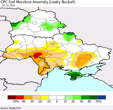 Ukraine, Moldova and Belarus CPC Soil Moisture Anomaly (Leaky Bucket) Thematic Map For 7/11/2022 - 7/15/2022