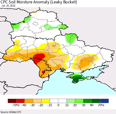 Ukraine, Moldova and Belarus CPC Soil Moisture Anomaly (Leaky Bucket) Thematic Map For 7/21/2022 - 7/25/2022