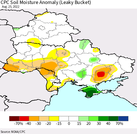 Ukraine, Moldova and Belarus CPC Soil Moisture Anomaly (Leaky Bucket) Thematic Map For 8/21/2022 - 8/25/2022
