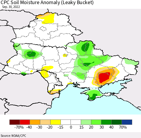Ukraine, Moldova and Belarus CPC Soil Moisture Anomaly (Leaky Bucket) Thematic Map For 9/26/2022 - 9/30/2022