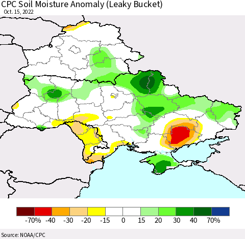 Ukraine, Moldova and Belarus CPC Soil Moisture Anomaly (Leaky Bucket) Thematic Map For 10/11/2022 - 10/15/2022