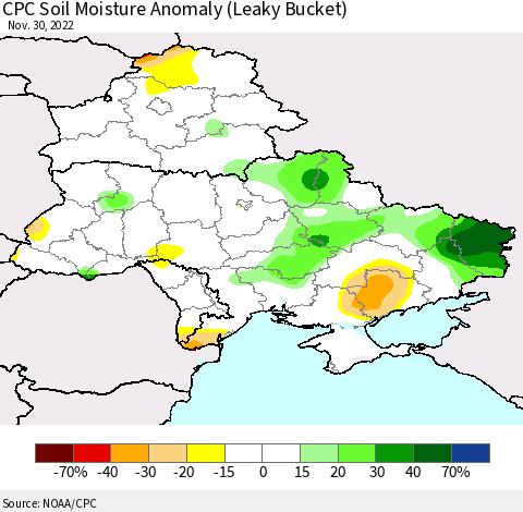 Ukraine, Moldova and Belarus CPC Soil Moisture Anomaly (Leaky Bucket) Thematic Map For 11/26/2022 - 11/30/2022