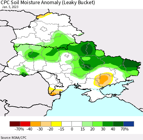 Ukraine, Moldova and Belarus CPC Soil Moisture Anomaly (Leaky Bucket) Thematic Map For 1/1/2023 - 1/5/2023