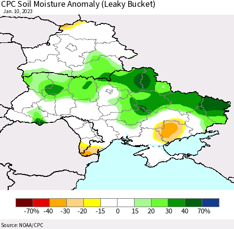 Ukraine, Moldova and Belarus CPC Soil Moisture Anomaly (Leaky Bucket) Thematic Map For 1/6/2023 - 1/10/2023