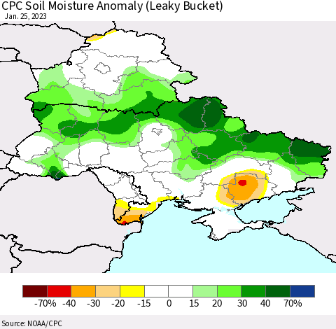Ukraine, Moldova and Belarus CPC Soil Moisture Anomaly (Leaky Bucket) Thematic Map For 1/21/2023 - 1/25/2023